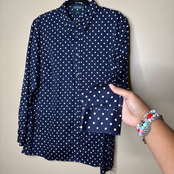 Lauren Ralph Lauren Women's 1X Navy Blue White Polka Dot Button Down Shirt - Picture 1 of 5